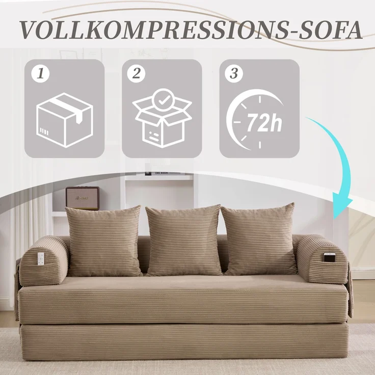 LVHOM Schlafsofa 3 Sitzer, Klappsofa mit Schlaffunktion, Bodensofa, Polstersofa aus CordStoff, Schlafcouch dauerschläfer, frei Kombination, 200x94x67 cm, Khaki – Bild 8
