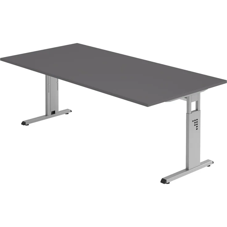 bümö höhenverstellbarer Schreibtisch O-Serie 200x100 cm in Graphit, Gestell in Silber - großer PC Tisch für's Büro manuell höhenverstellbar, Computertisch verstellbar, OS-2E-G-S