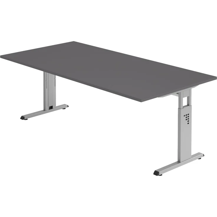 bümö höhenverstellbarer Schreibtisch O-Serie 200x100 cm in Graphit, Gestell in Silber - großer PC Tisch für's Büro manuell höhenverstellbar, Computertisch verstellbar, OS-2E-G-S – Bild 1
