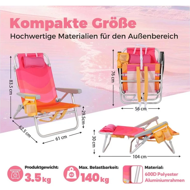 HOMECALL Klappstuhl Strandstuhl Leicht Klappbar Camping, 5-fach verstellbare Rückenlehne (Bis 136KG, Aluminiumrahmen, große Kühltasche und Aufbewahrungstasche, 1 St), Seitentaschen, Kopfstütze, Schultergurten, Handtuchhalter – Bild 1