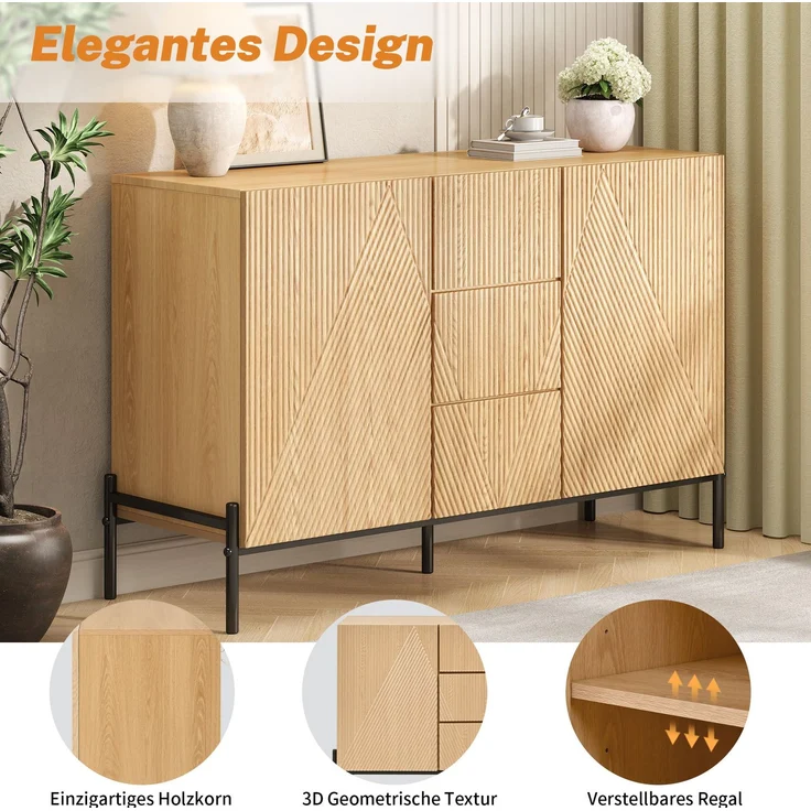 DESVIAE Sideboard mit 2 Türen und Schublade 115,5x76x40 cm MDF Natur – Bild 6