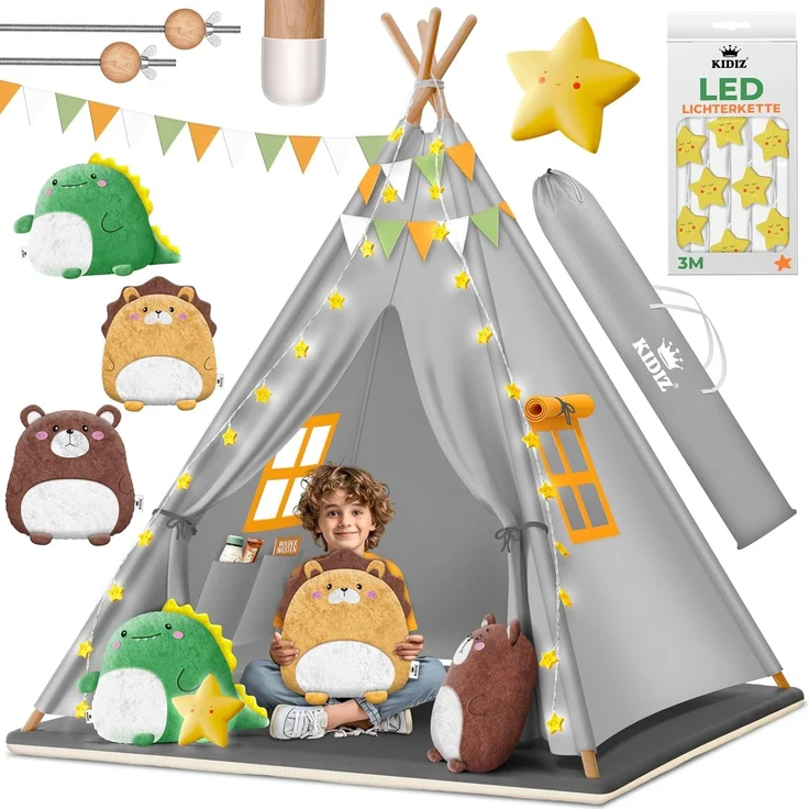 KIDIZ® Tipi Zelt für Kinder Spielzelt 100 x 100 x 160 cm Kinderzelt aus Baumwolle mit LED-Lichterkette, Leuchtstern, Fahnengirlande, 3 Plüschtiere, Untermatte & Tragetasche Spielhaus für drinnen & draußen Grau – Bild 1