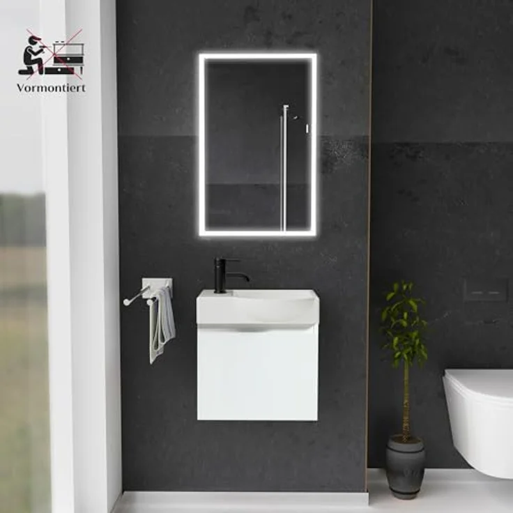 Alpenberger Badmöbel-Set - Gäste WC Waschbecken mit Unterschrank 45 cm Breit, (Badschrank 2-tlg, Waschtisch hängend), Waschbeckenunterschrank mit Softclose - Weiß - Rechts Becken – Bild 3