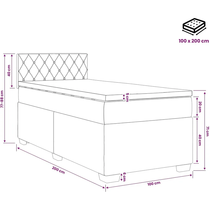 vidaXL Boxspringbett mit Matratze Schwarz 100 x 200 cm Samt 3450652 – Bild 11