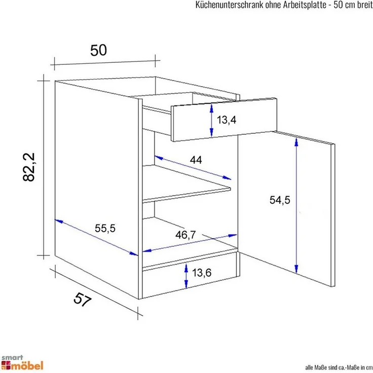 Flex-Well Unterschrank Küchenunterschrank ohne Arbeitsplatte - 50 cm breit - Buche – Namu – Bild 3