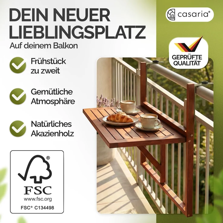 Casaria Balkontisch Balkonhängetisch Balkon Tisch klappbar Akazie Holz – Bild 2