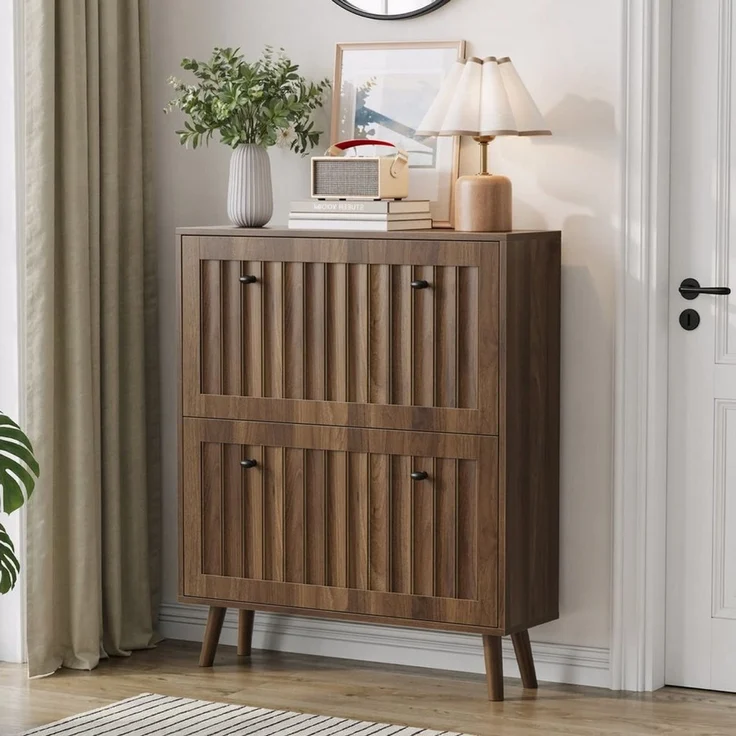 ANYSUN Schuhkipper Schuhschrank schmal,24 cm tief,mit 2 Klappen, verstellbare Fächer (1 St), Nussbaumoptik mit Nutfront & Kippschutz für Flur und Eingangsbereich – Bild 1