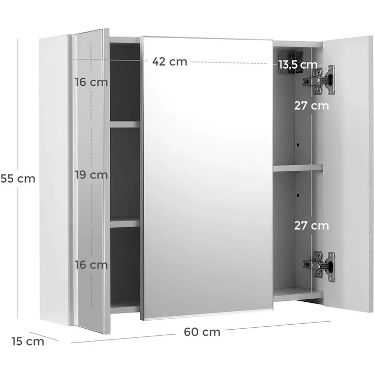 Vasagle Spiegelschrank, Badezimmerschrank, Aufbewahrungsschrank mit 3 Türen, fürs Badezimmer, 15 x 60 x 55 cm, mit verstellbaren Regalebenen, modern, weiß BBK22WT – Bild 5