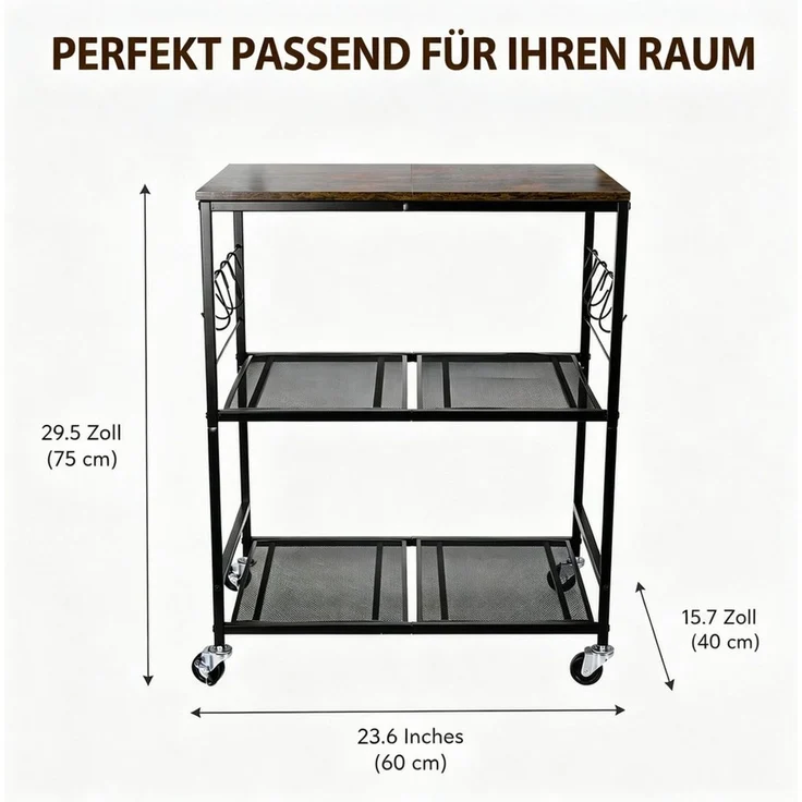 BlingBin Küchenwagen 3 Etagen Servierwagen mit 6 Haken, (1er Set, 1 St, 1tlg), 4 Rollen, Rollwagen für Küche, Aufbewahrungsregal für kleine Geräte – Bild 3
