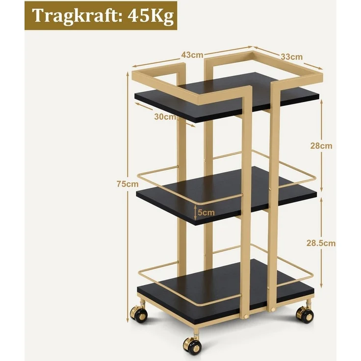 M MCombo Servierwagen mit Rollen, Küchenwagen Barwagen Metallgestell Schwarz-Gold, Moderne Rollwagen Mehrzweckwagen mit 3 Ebenen, für Küche Bad Wohnzimmer Büro, 0033 – Bild 2