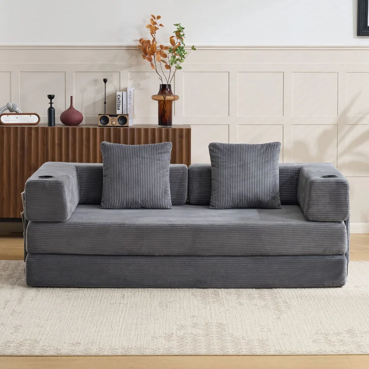 Wohnora-Floor Couch,Compression Sofa,Convertible Floor Sofa Bed-with Pillow Back Support Armrest,Comfy Sleeper Bed With Cupholder&Side Pocket,Corduroy Fabric,for Living Room Bedroom,Dark Grey,H 60cm x T 185cm x B 925cm,Dunkelgrau – Bild 3