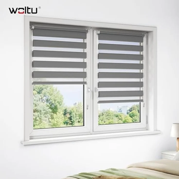 WOLTU Doppelrollo Klemmfix ohne Bohren Dunkelgrau 65x130 cm (BxH), Duo Rollo Zebrarollo Fensterrollo Klemmrollo Seitenzugrollo Easyfix lichtdurchlässig & verdunkelnd Rollos für Fenster und Tür – Bild 2