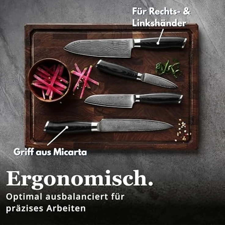 Wakoli Messer-Set Mikata 4er Damast Küchenmesser Set Klingen 8 bis 18 cm (Damastmesser mit Geschenkbox, 4-tlg, 4er Damastmesser Set), VG10 Kern, langanhaltende Schärfe, ergonomischer Griff – Bild 5