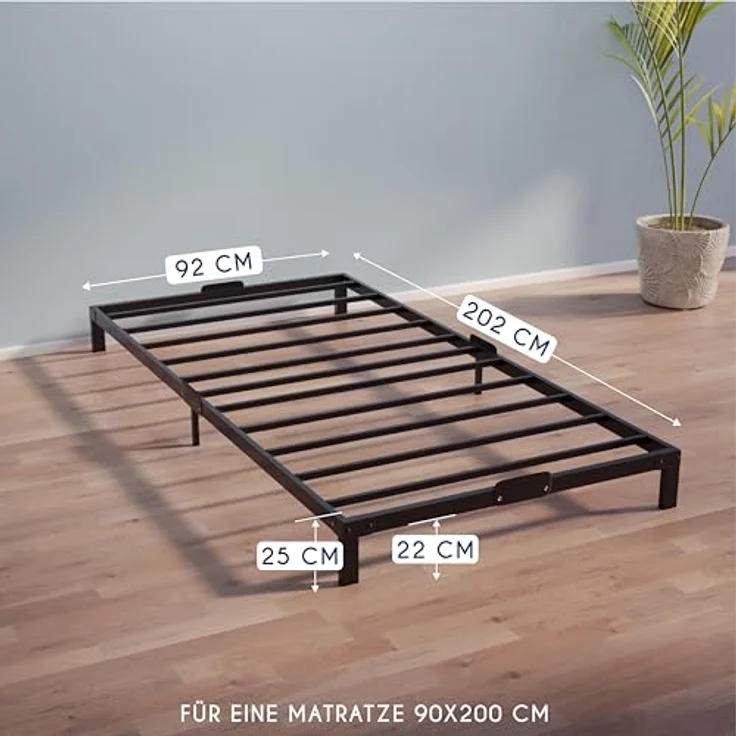 Dreamzie Bett 90x200 aus Metall - Bettgestell 90x200 für Matratze Einzelbett, Höche 25 cm - Robust, Leichte Montage, Umfangreicher Stauraum - Schwarzer Lattenrost – Bild 3