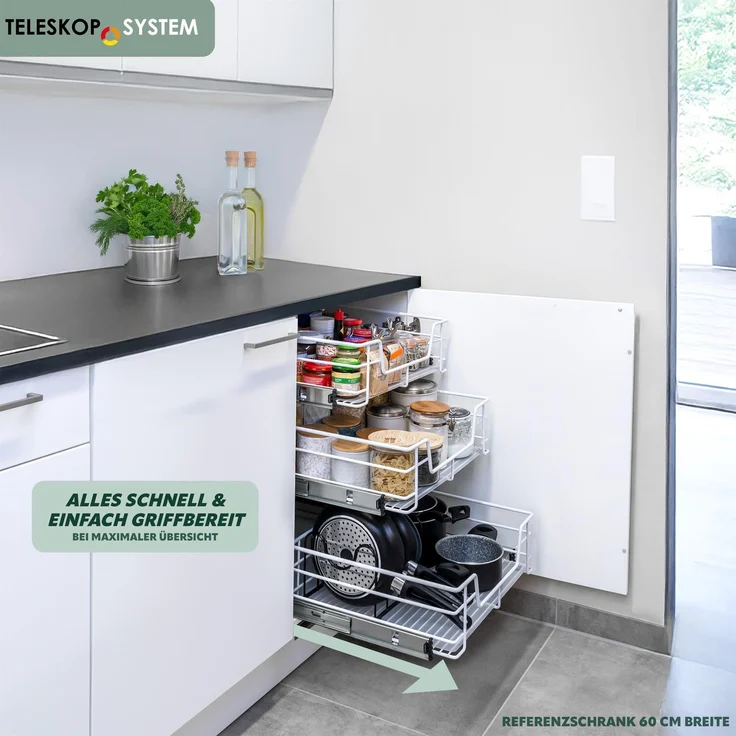 Teleskopschublade für 50 cm Schrank mit Einlegeboden, aus Metall, weiß – Bild 2