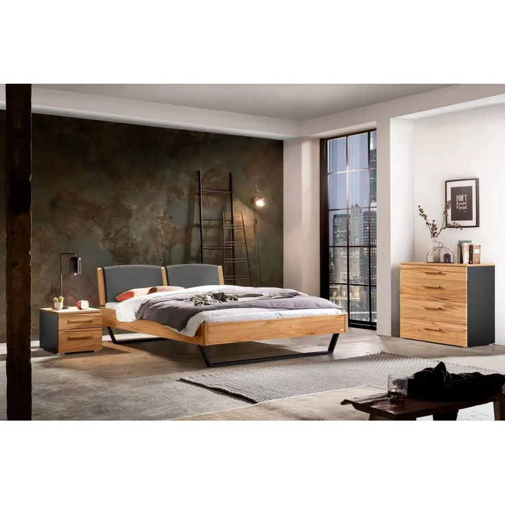 Hasena Massivholzbett Marola Wildbuche mit Polster-Kopfteil, Bezug Pace Grey 140x200 cm, Fußhöhe 20 cm – Lounge – Bild 2