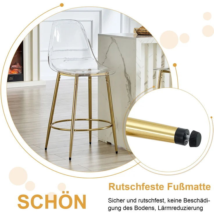 Esstisch-Set als Bartisch, 92x89x89 cm, Glas/Metall in Gold mit 2 transparenten Barhockern – Bild 8