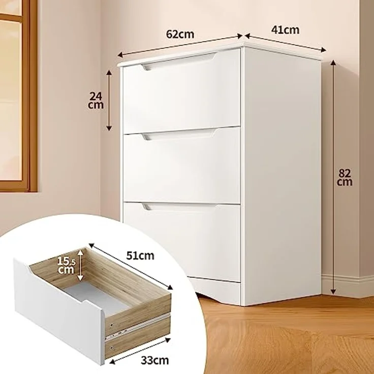 Bealife Kommode weiß, Schlafzimmerkommode mit 3 geräumigen Schubladen, Schrank mit Schubladen mit Kippschutz für Wohnzimmer, Schlafzimmer, Arbeitszimmer und Kinderzimmer, 82 x 60 x 40 cm – Bild 3