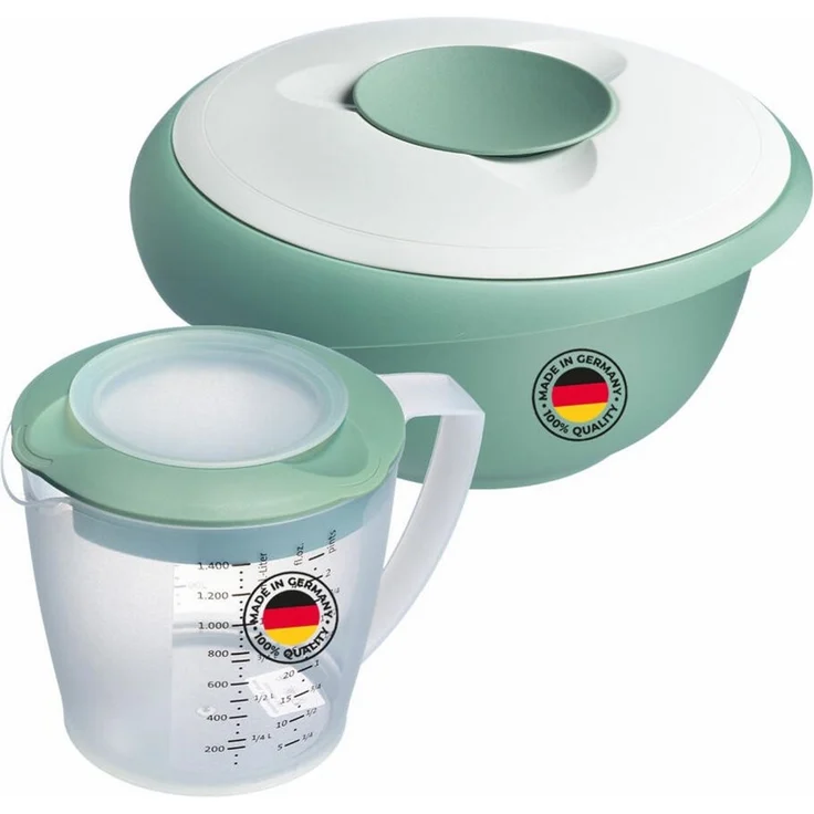 Westmark Rührschüssel (2,5 l) und Rührbecher "Helena" (1,4 l) – Rührschüssel mit Spritzschutzrand und Gummiring – Becher mit Ausgießer und Messskala – Mint-grün/Weiß – Bild 1