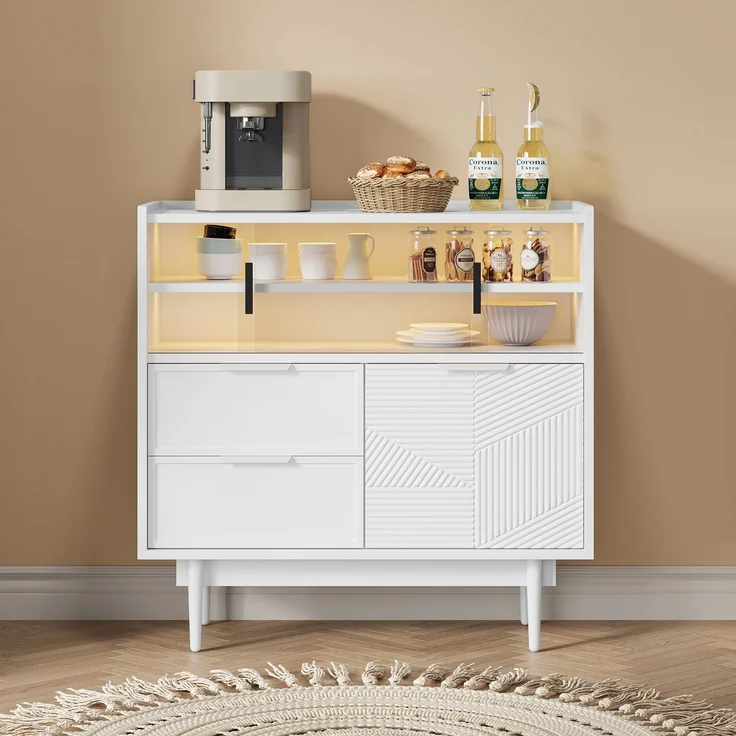 Merax Sideboard, Ablageschrank, Badezimmerschrank, Sideboard mit Lichtleiste, Weiß – Bild 3