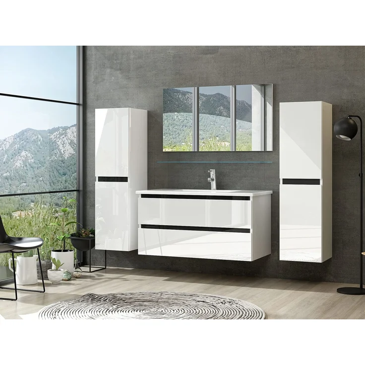 Homeline Badmöbel Set mit Schubladen Glas ablage (Dennis Weiss, 90 cm ohne Hochschrank) – Bild 4