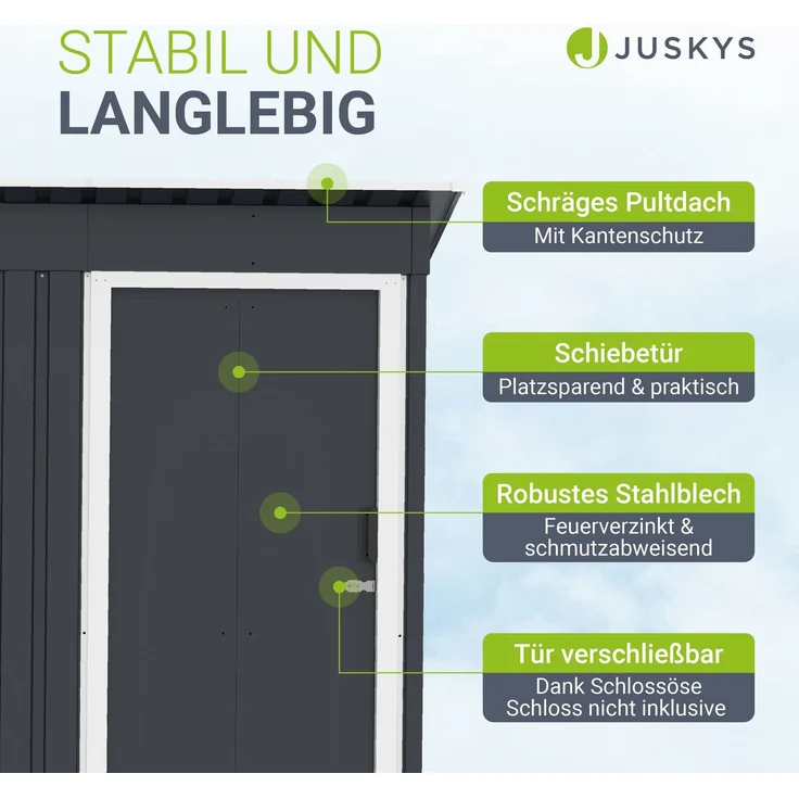 Juskys Metall Gerätehaus S mit Pultdach, Schiebetür & Fundamentrahmen | 1 m² | 164 x 88 x 182 cm | Anthrazit | Geräteschuppen Gartenhaus Schuppen – Bild 5