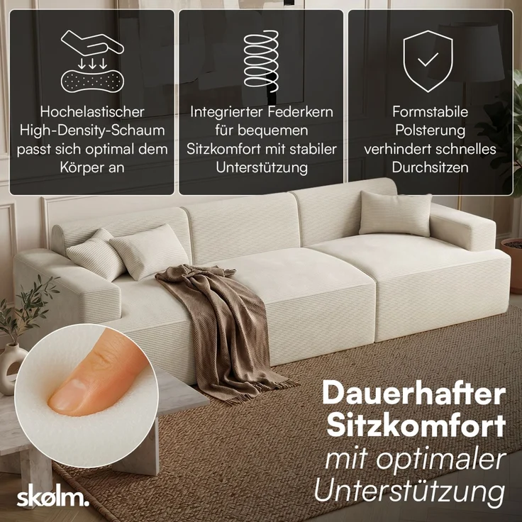skølm 'Freki' Cloud Sofa 3 Sitzer, Vollschaumcouch mit Federkern und Vakuum-Kompression, kein Aufbau erforderlich, mit 3 Kissen, Cord beige – Bild 2