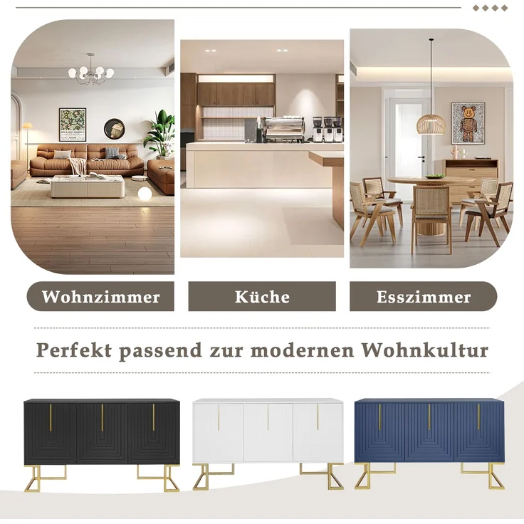 Merax Modernes 3-türiges Sideboard mit verstellbaren Regalen, U-förmigen Schranktüren und Metallgriffen und Sockel für Esszimmer und Küche (Schwarz) – Bild 8