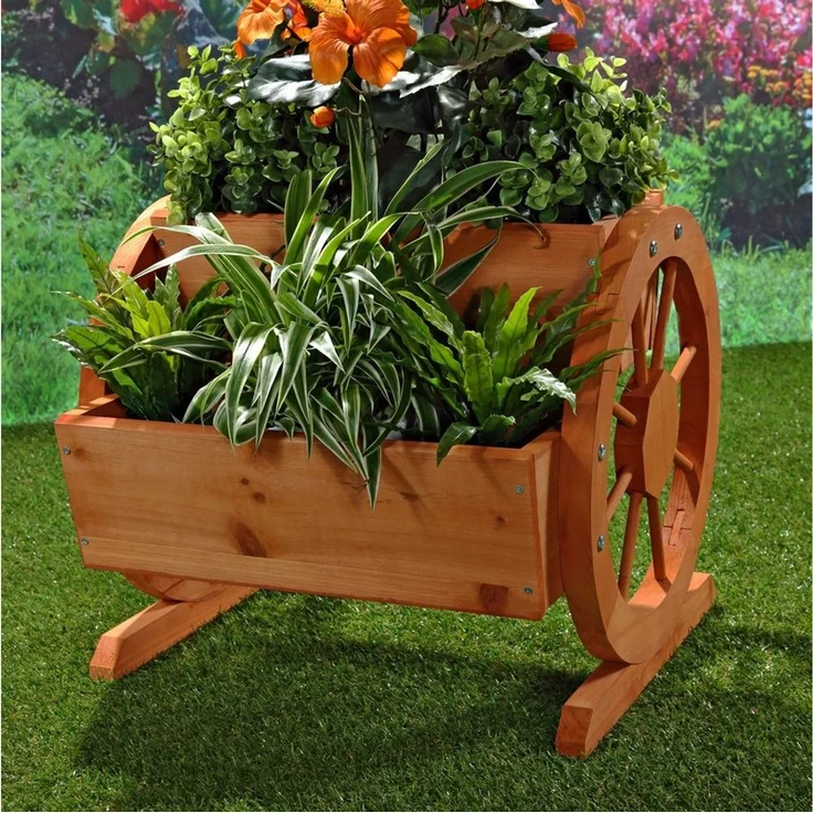 Pflanzkübel mit Wagenräder aus Holz Garten Dekoration Blumentrog Holzkasten – Bild 3