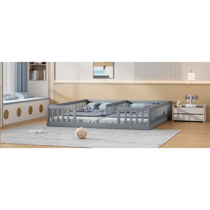 FAVSH Bodenbett 90x200 cm, Doppelbett mit Sicherheitsgitter & Lattenrost Stabiles Jugendbett, Holzbett Jugendbett aus Kiefer für Familien mit 2 Kindern, Kiefernholz, Minimalistischer Stil(Grau – Bild 8