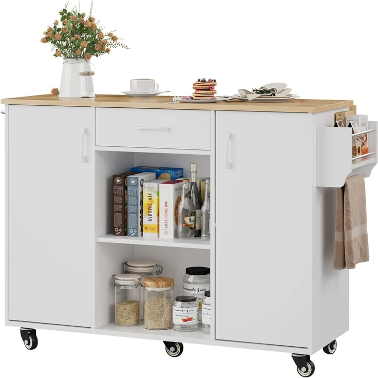 Küchenwagen mit klappbarer Arbeitsplatte 67,5–120 cm – rollbarer Servierwagen aus MDF in Weiß und Eiche-Optik – Bild 6