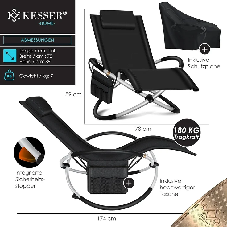 KESSER® Relaxliege Liegestuhl | Gartenliege | Gartenstuhl | Klappstuhl faltbar | Schwungliege | Schaukelsessel | ergonomische Relaxsessel | wetterfest | 180 kg Belastung | 174 x 78 x 89 cm Schwarz - mit Set – Bild 7