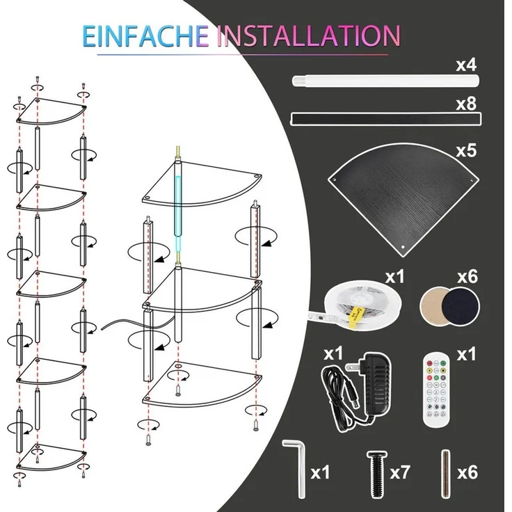 XIIW Eckvitrine LED Eckregal Standregal Bücherregal Vitrine mit Fernbedienung Smart (5 Etagen, 30×30×162 cm, Stehlampe Stehleuchte Regal aus Holz) für Wohnzimmer Schlafzimmer Flur Büro – Bild 3