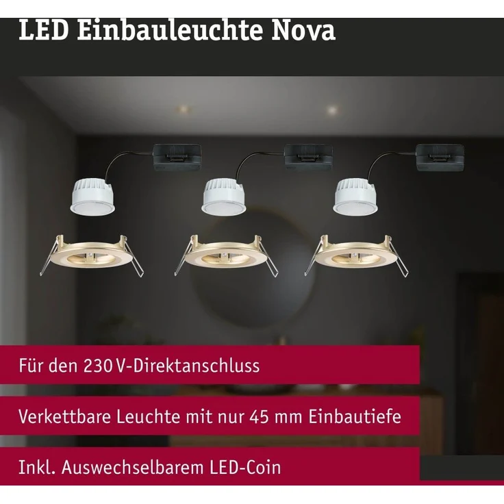 Paulmann 92405 Einbauleuchte LED Nova Coin 3er-Set starr 78mm gold IP44 – Bild 5