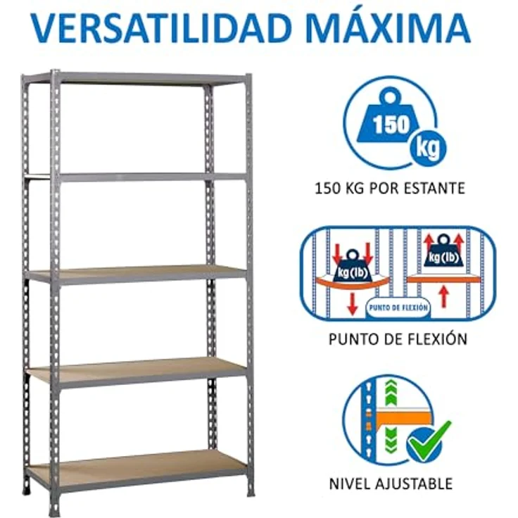 SimonRack Schwerlastregal, Lagerregal, 180 x 80 x 30 cm, Metallregal, Kellerregal, Biegestelle 150 kg, 5 Holzfachböden, Grau/Holz - Maderclick – Bild 5