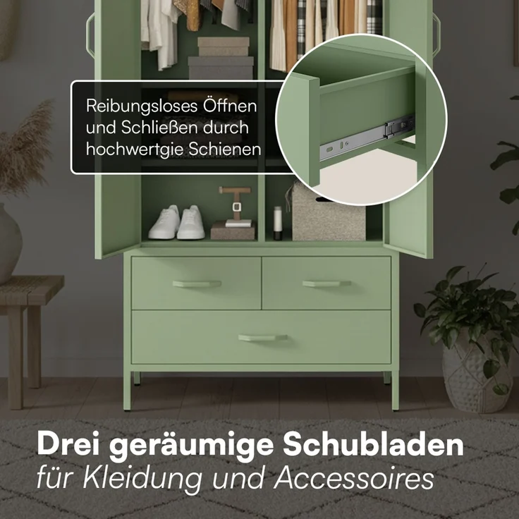 skølm 'Atria' Kleiderschrank mit 3 Schubladen, Metall, 170x45x80 cm, grün, Garderobe mit 4 Fächern und 2 Kleiderstangen – Bild 5