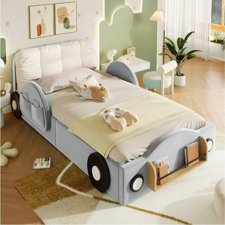 Flieks Autobett Polsterbett mit Hydraulik-Stauraum, 90x200cm mit Seitentaschen & Bücherablage & großem Kopfkissen – Bild 2