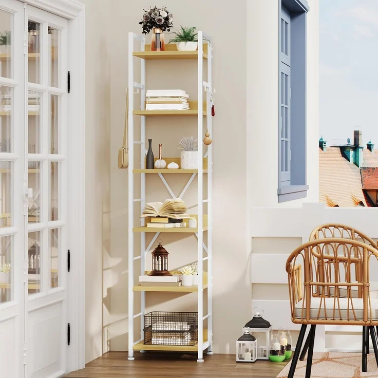 YITAHOME Bücherregal mit 6 Ebenen, Industrielles Standregal, Metallrahmen und Holzregale, Hohes Lagerregal mit 4 Haken, Präsentationsorganizer, für Wohnzimmer, Heimbüro, Weiß und Eiche Regal – Bild 3