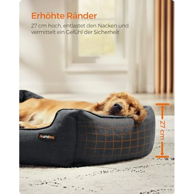 Feandrea Hundebett, Hundekissen in Leinenoptik, Hundekorb, erhöhte Ränder, rutschfeste Unterseite, Bezug abnehmbar waschbar, XL, für große Hunde, 110 x 75 x 27 cm, dunkelgrau PGW012G01 – Bild 4