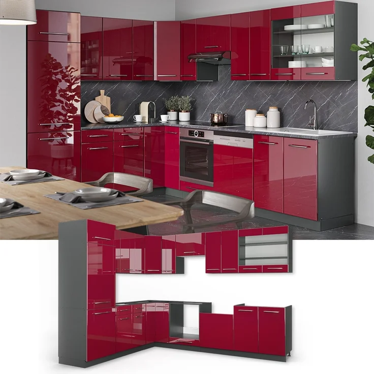 Eckküche Fame-Line Bordeaux Hochglanz/Anthrazit 287 x 60 cm , AP Marmor Vicco – Bild 3
