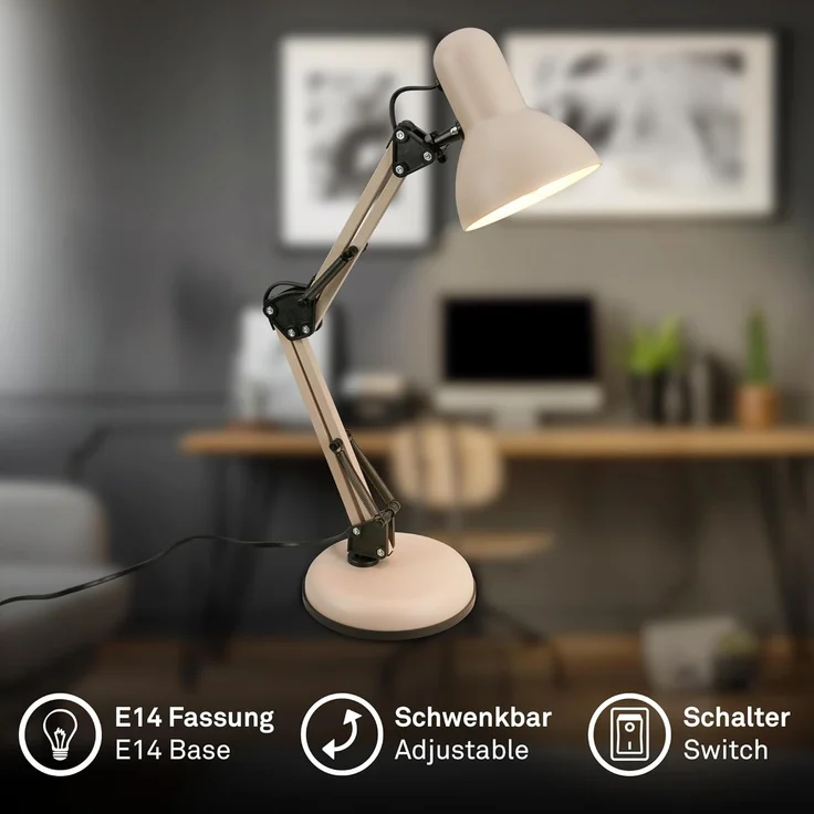 BRILONER - Schreibtischlampe mit Kabelschalter, schwenkbar, E14, max. 25W, Tischlampe, Lampe, Nachttischlampe, Tischleuchte, Deko, Bürolampe, Leselampe Bett, Leselicht, 15,5x53 cm, Beige – Bild 2