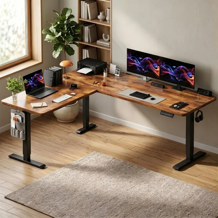 HOMALL Schreibtisch 20 mm starker EckSchreibtisch, L-förm höhenverstellbarer Schreibtisch (Maße: 160 × 140 / 190 × 155, 20 mm dicke Tischplatte, Tragkraft bis zu 100 kg, mit beweglicher Steckdose, in 3 Stufen höhenverstellbar) – Bild 2