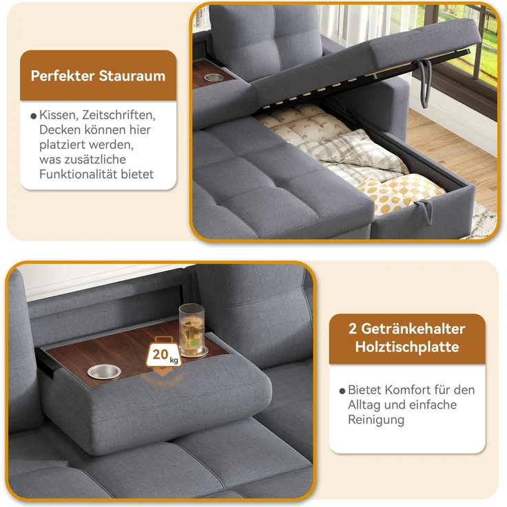 DESVIAE Schlafsofa L-Form mit Stauraum und Getränkehaltern 211x136x87 cm Leinenoptik Grau – Bild 5