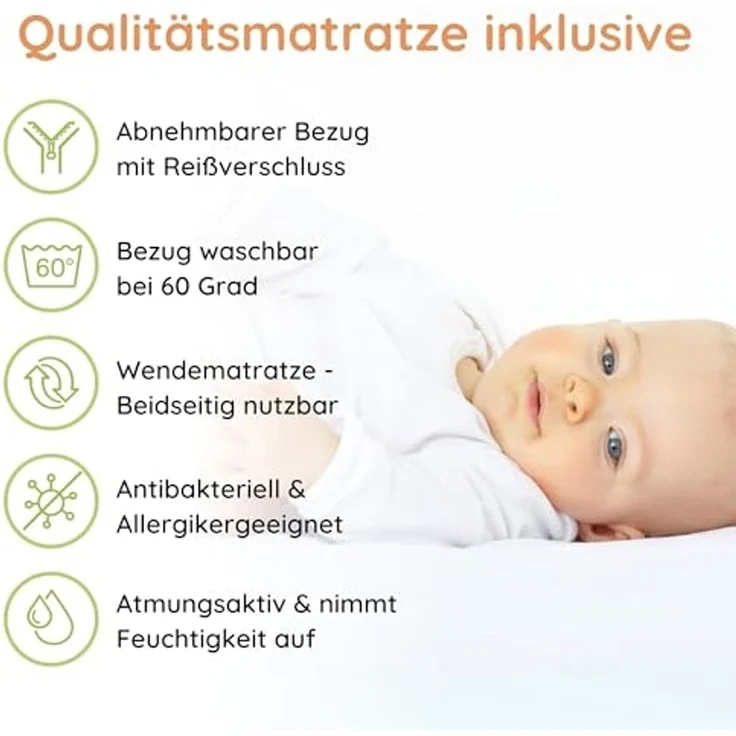 Kids Collective Babybett Kinderbett 60x120/70x140 cm umbaubar zu höhenverstellbares Lattenrost, 60x120 cm, Weiß mit Matratze von Geburt bis 3. Lebensjahr – Bild 3