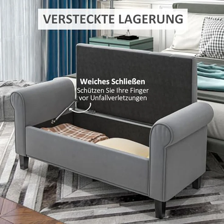 HOMCOM Polsterbank Flurbank, mit Stauraum, in Samtoptik, 126 x 48,5 x 47 cm (Bettbank, 1-St, Sitzbank), für Schlafzimmer, Grau – Bild 5