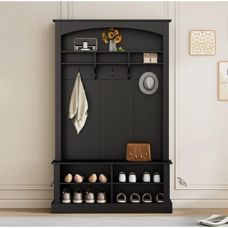 Garderobe mit Sitzbank 120x40x190 cm – Schuhablagen und verstellbare Einlegeböden, Schwarz – Bild 3