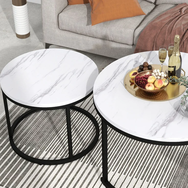 2er Set Runder Couchtisch Weiß-Marmor, Nesting Beistelltisch Wohnzimmer, Moderner Sofatisch aus MDF – Bild 3