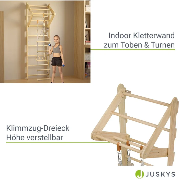 Juskys Sprossenwand für Kinder - mit Klimmzugstange, Indoor Klettergerüst mit Turnringen und Strickleiter, Kletterwand fürs Kinderzimmer, Turnstange – Bild 3
