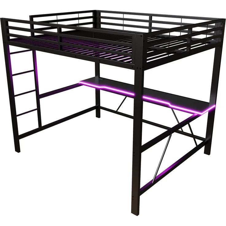 Hochbett mit RGB LED-Streifen, Schreibtisch, Trittleiter, Lattenrost, Steckdose, USB und Type-C, 160x200 cm, Kinderbett mit Rausfallschutz, Metallbett – Bild 8