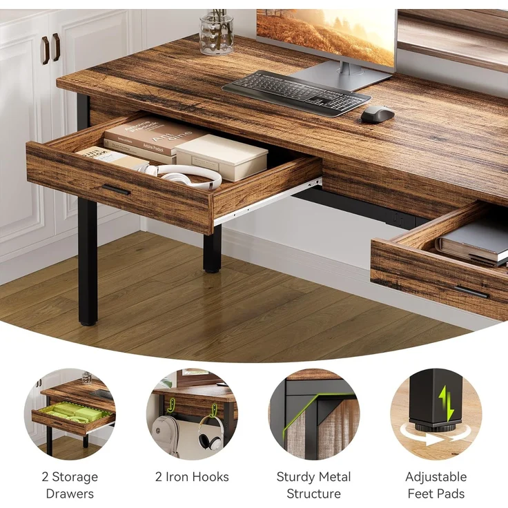 LITTLE TREE Schreibtisch Computertisch 200 cm, großer Schreibtisch aus Industriell Holz und Metall als Bürotisch Arbeitstisch für 2 Personen, ideal für Homeoffice oder Wohnzimmer, Rustikales Braun – Bild 6